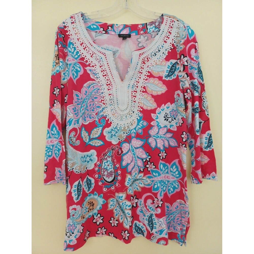 Talbots red paisley lace trim knit tunic top S modest comfy classic all-season